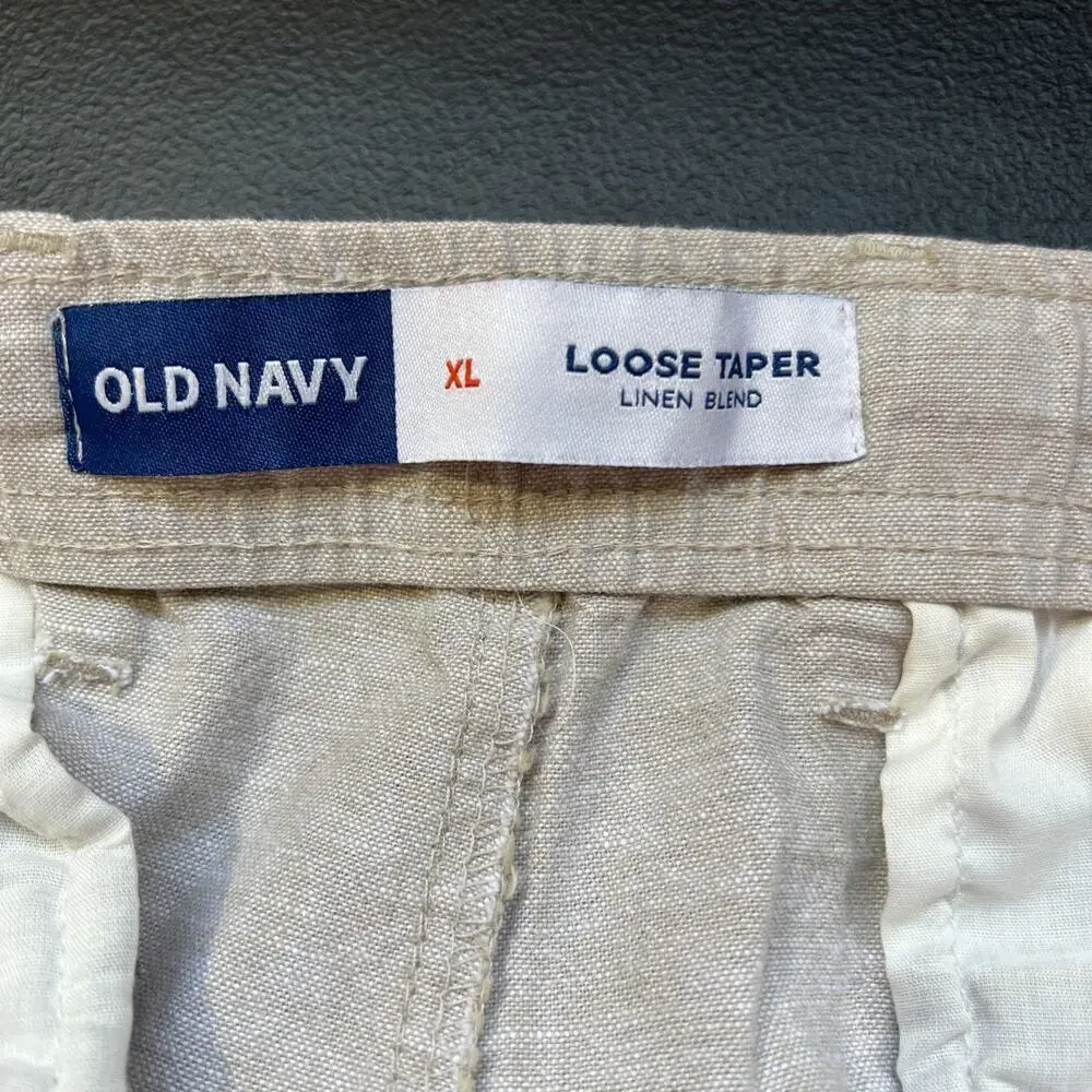 Old Navy Pants Men XL Tan Linen Blend Loose Taper Pleated Lightweight Drawstring